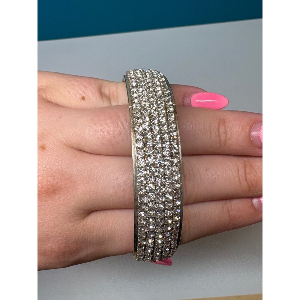 Vintage Silver Tone 5 Row Clear Rhinestone‎ Statement Bangle Bracelet Sparkly